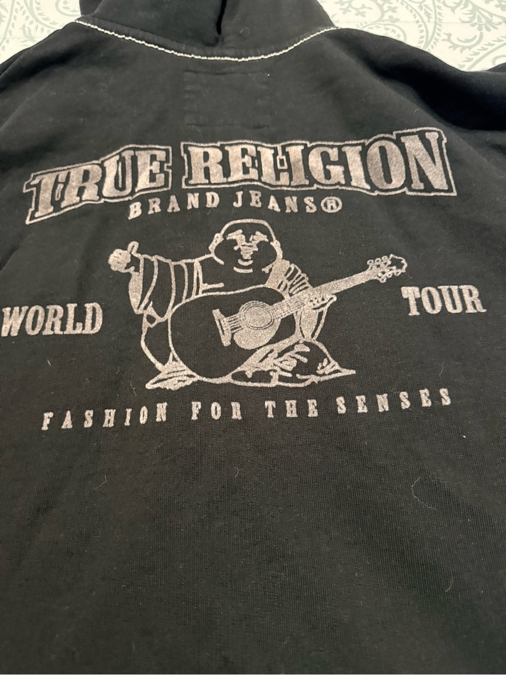 True Religion Black Zip Front Hoodie with Cream Drawstring - Picture 4 of 8